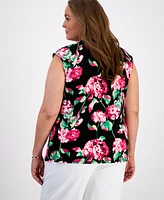 Kasper Plus Floral Cowlneck Cap-Sleeve Top