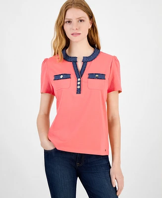Tommy Hilfiger Women's Denim-Trim Split-Neck Knit Top