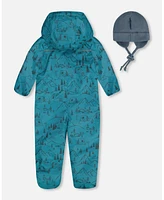 Deux par Baby Boys Printed Mid-Season One-Piece Outerwear With Hat Blue And Gray