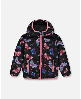 Deux par Baby Girls Printed Quilted Mid-Season Jacket Multicolored Butterflies On Black Background