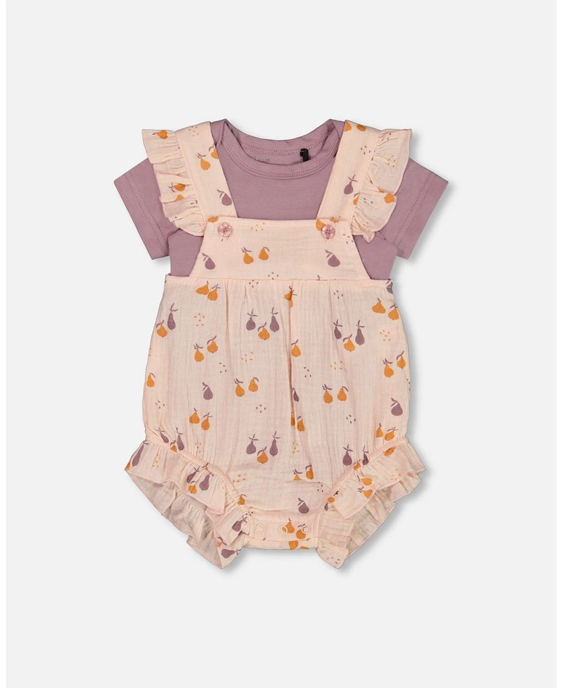 Deux par Baby Girls Printed Muslin Shortall And Cotton Onesie Set Peach With Pears