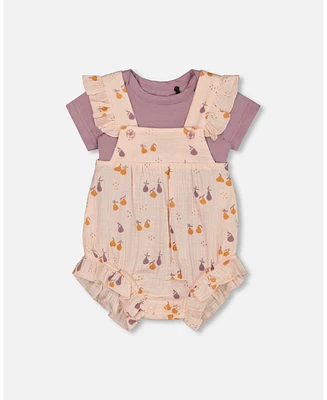 Deux par Baby Girls Printed Muslin Shortall And Cotton Onesie Set Peach With Pears