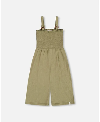 Deux par Deux Toddler Girls Smocked Crinkle Jersey Jumpsuit Olive Green