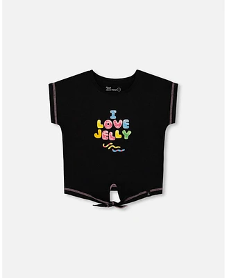 Deux par Toddler Girls Organic Cotton Tee With Print And Knot Black Multicolored - Toddler|Child