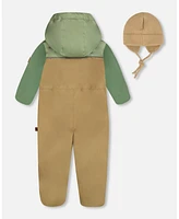 Deux par Baby Boys Colorblock Mid-Season One-Piece Outerwear With Hat Pale Green, Sage, And Tan