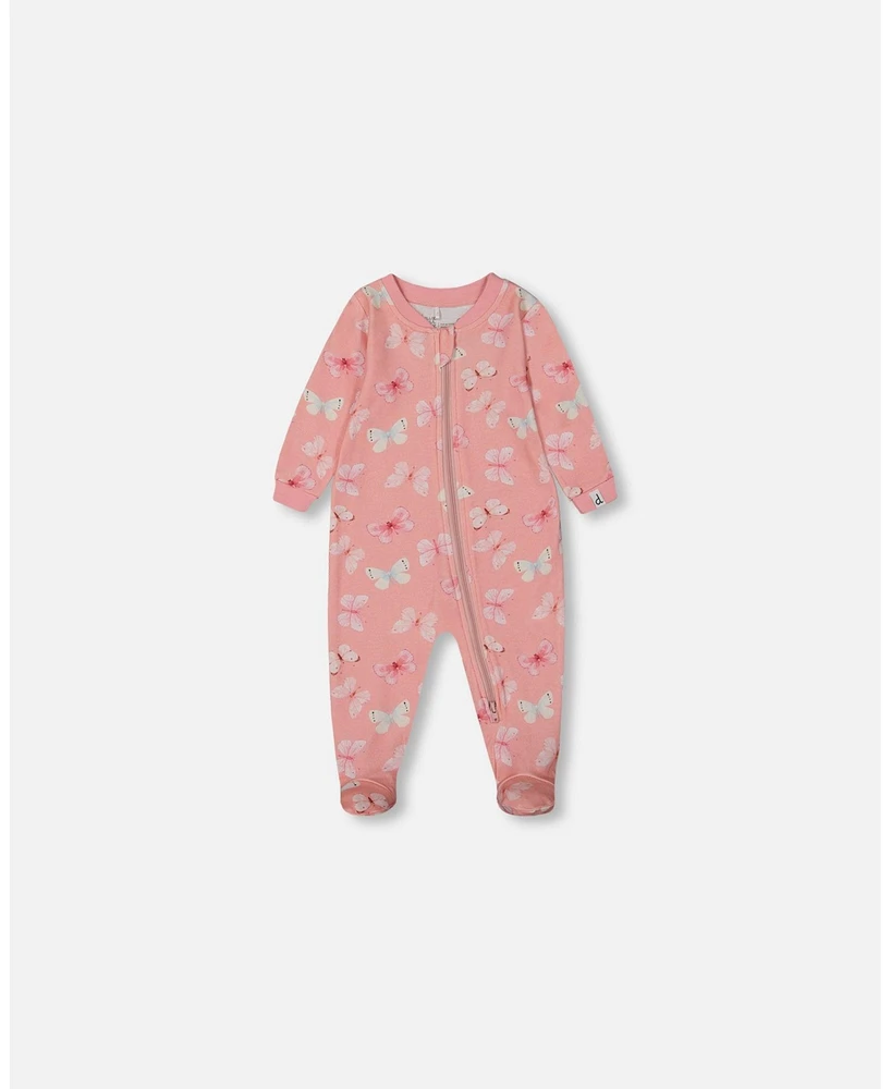 Deux par Baby Girls Printed Organic Cotton One-Piece Pajama Pink And Blue Butterflies On Old