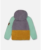 Deux par Big Girls Sherpa Mid-Season Colorblock Jacket Lilac, Pale Turquoise, And Yellow