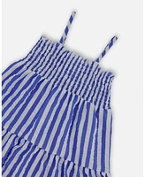 Deux par Toddler Girls Smocked Seersucker Peasant Dress Blue And White Striped - Toddler|Child