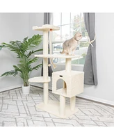 Armarkat Faux Fur Covered Real Wood Cat Scratch Furniture, 57inch Height Beige Kitty Playing Centre A5708