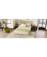 Solid Rubber Wood Bed with Rattan Headboard and Sturdy Support Feet