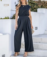 Women's Navy Round Neck Sleeveless Straight Leg Jumpsuit