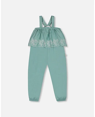 Deux par Toddler Girls Chambray Jumpsuit With Embroidery Light Blue - Toddler|Child