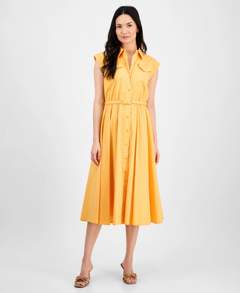 T Tahari Women's Spread-Collar Button-Front Midi Dress