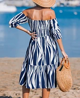 Women's Abstract Stripe Off-Shoulder Midi Beach Dress