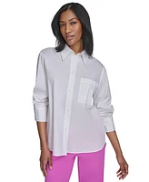 Halston Women's Cotton Collared Ruched-Sleeve Blouse