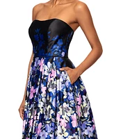 Betsy & Adam Women's Floral-Print Strapless Ball Gown