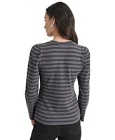 Dkny Jeans Petite Striped Round-Neck Puff-Shoulder Top
