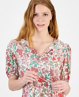 Tommy Hilfiger Women's Floral Tie-Neck Puff-Sleeve Top