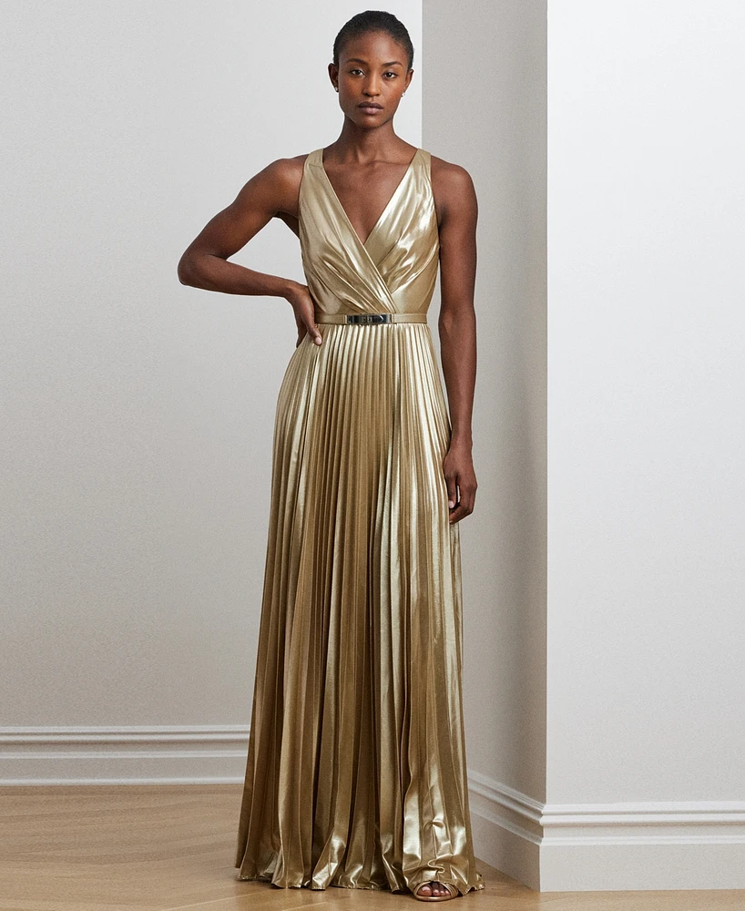 Lauren Ralph Women's Belted Metallic Chiffon Surplice Gown