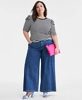 On 34th Trendy Plus Striped Puff-Shoulder Top, Exclusively at Macy's