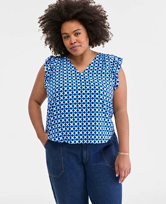 On 34th Trendy Plus Geo-Print Flutter-Sleeve Top, Exclusively at Macy's