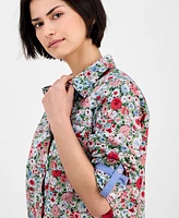 Nautica Jeans Women's Floral-Print Cotton Roll-Tab Shirt