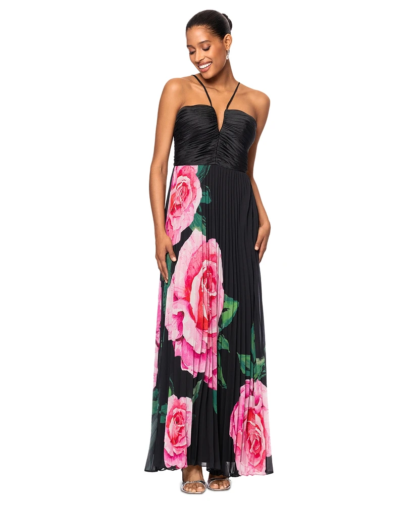 Xscape Women's Floral-Print Pleated Halter Gown