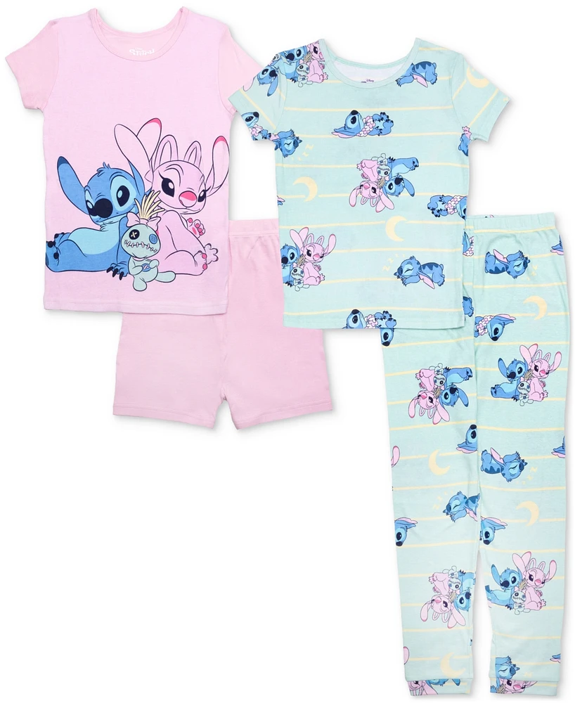 Lilo & Stitch Big Girls Cotton Short-Sleeve Pajama Tops, Shorts Pants, 4 Piece Set