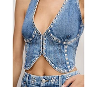 Good American Women's Studded V-Neck Denim Vest