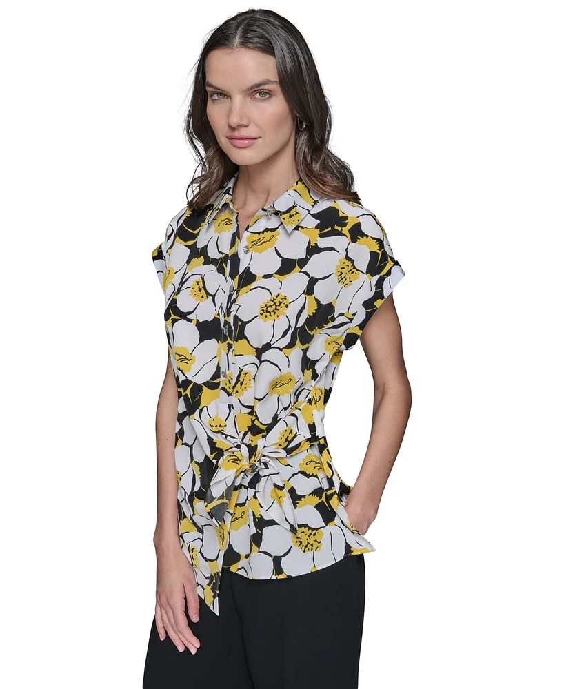 Karl Lagerfeld Paris Women's Printed Asymmetrical Button-Front Top