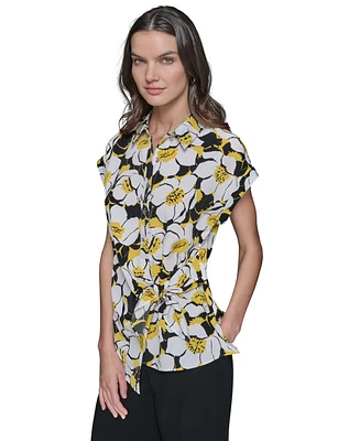 Karl Lagerfeld Paris Women's Printed Asymmetrical Button-Front Top