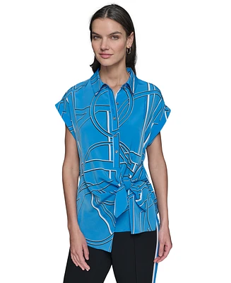 Karl Lagerfeld Paris Women's Printed Asymmetrical Button-Front Top