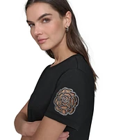 Karl Lagerfeld Paris Women's Embellished Floral Cut-Out Tee