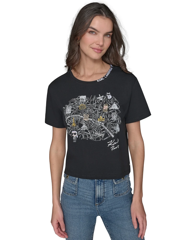 Karl Lagerfeld Paris Women's Map Graphic T-Shirt