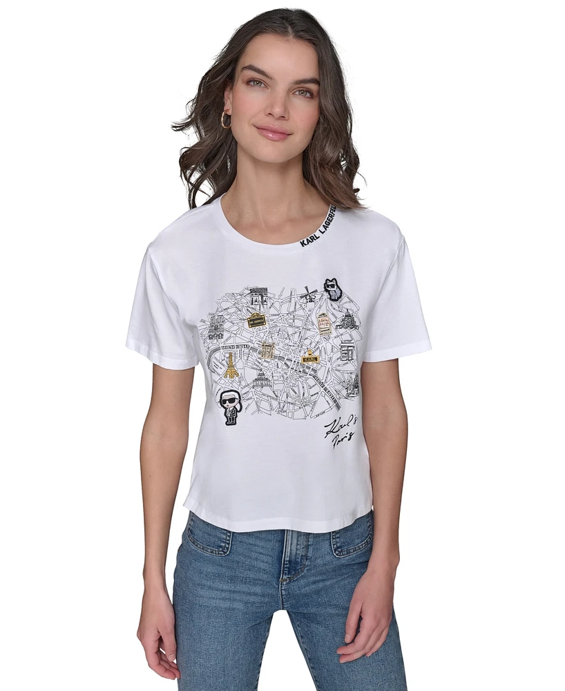 Karl Lagerfeld Paris Women's Map Graphic T-Shirt