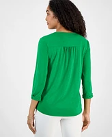 Kasper Women's Draped Cuffed-Sleeve Henley-Neck Top