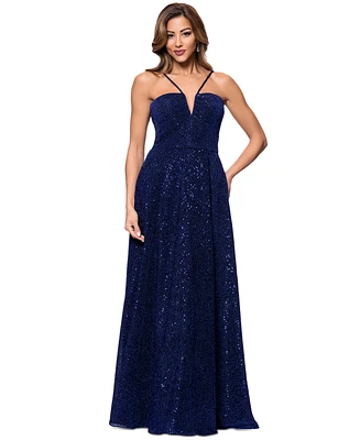 Xscape Women's Sequined Plunge-Neck Sleeveless Gown