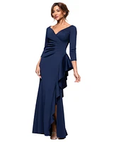 Xscape Women's V-Neck Ruffled Side-Slit Scuba Gown