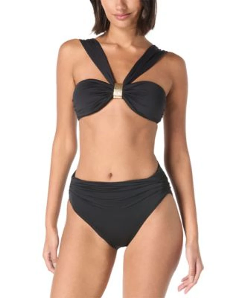 Carmen Marc Valvo Womens Embellished Bandeau Bra Swim Top Ruched Side Bikini Bottoms
