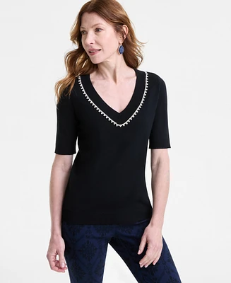 Jm Collection Petite Embellished V-Neck Sweater, Exclusivley at Macy's