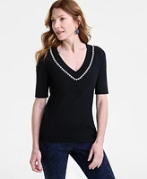 Jm Collection Petite Embellished V-Neck Sweater, Exclusivley at Macy's