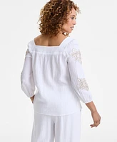Jm Collection Petite Cotton Square-Neck Floral-Applique Top, Exclusively at Macy's