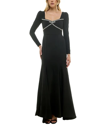 Taylor Women's Rhinestone-Trim Long-Sleeve Gown