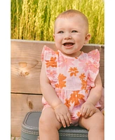 Deux par Baby Girls Printed Muslin Romper Pink And Coral Flowers