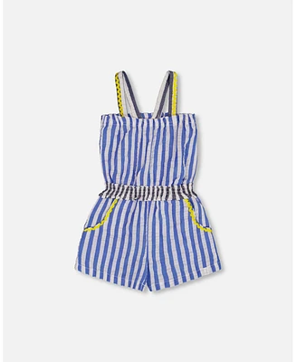 Deux par Big Girls Sleeveless Seersucker Romper Blue And White Striped