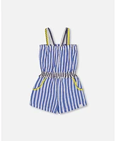 Deux par Big Girls Sleeveless Seersucker Romper Blue And White Striped