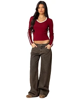 Edikted Womens Contrast V Neck Long Sleeve T Shirt