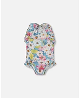 Deux par Baby Girls Printed One-Piece Swimsuit With Frills White, Pink, And Green Flowers