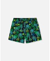 Deux par Boys Printed Swim Trunks Green Jungle On Black