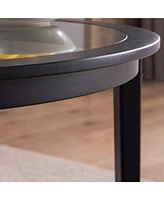 Rustic Round Coffee Table with Glass Top and Wooden Storage